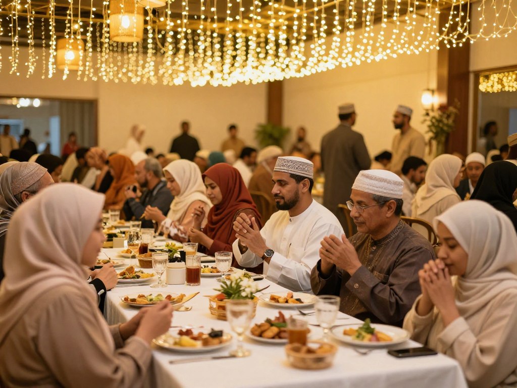 Acara halal bihalal malam hari dengan pencahayaan hangat