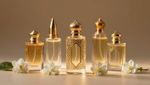 Botol parfum elegan dengan ornamen Lebaran dan bunga melati
