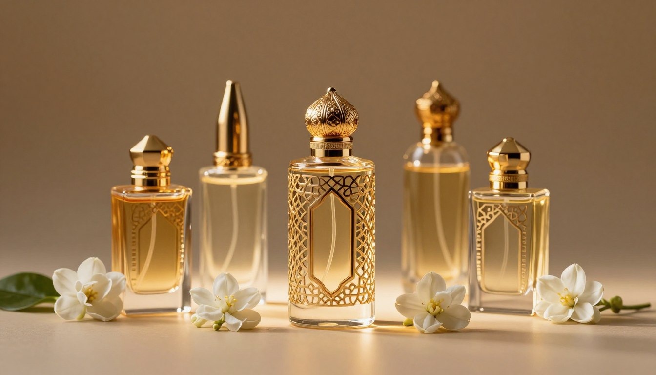 Botol parfum elegan dengan ornamen Lebaran dan bunga melati