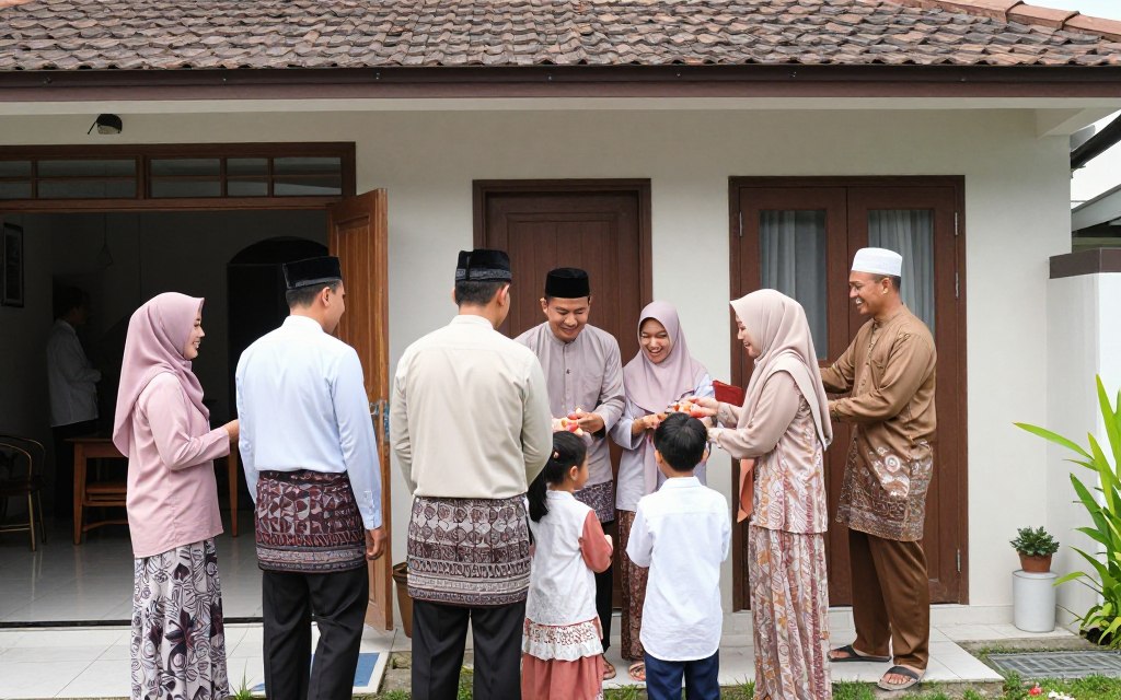 Keluarga berkunjung dari rumah ke rumah saat silaturahmi