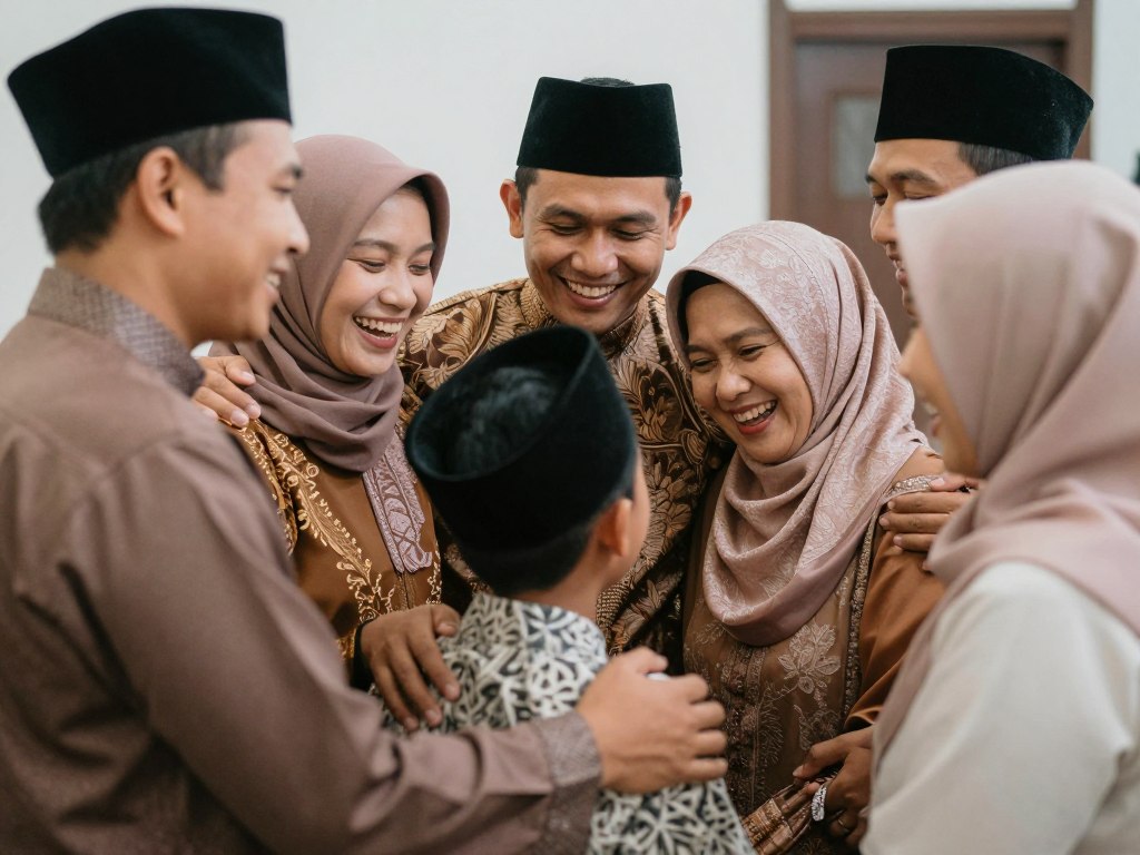 Keluarga muslim berkumpul saat Lebaran dengan suasana hangat