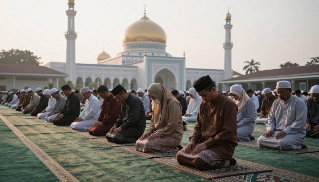 Suasana pagi hari saat persiapan shalat Idul Fitri